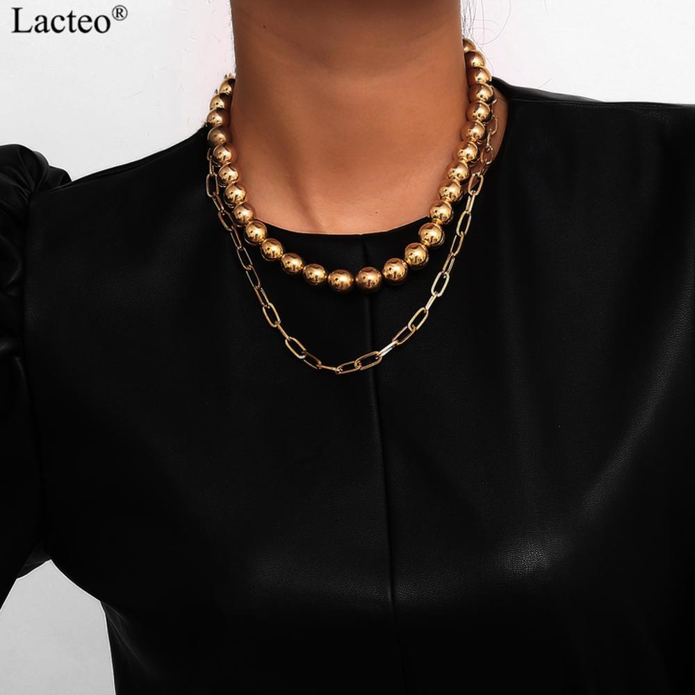 Lacteo Punk Hip Hop Golden Round Beads Chain Choker Necklace Women Exaggerated Multi Layer Chunky Clavicle Chain Charm Necklace