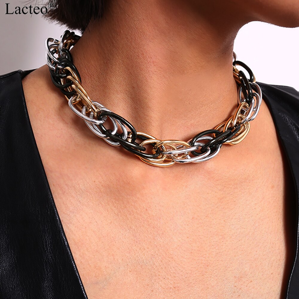 Lacteo Punk Hip Hop Multi Layer Choker Necklace Women 3 Color Chunky Chain Charm Necklace Statement 2021 Female Jewelry