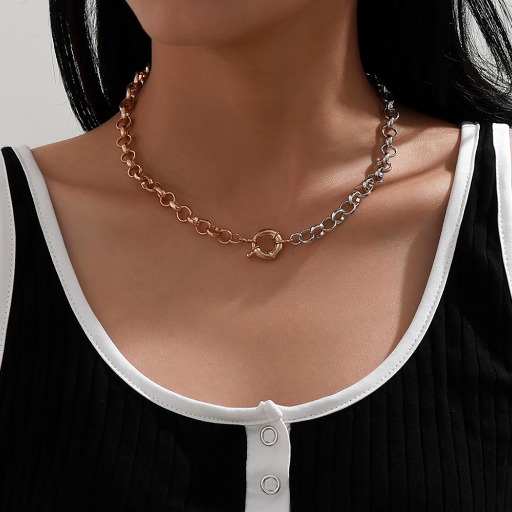 Lacteo Steampunk Golden Color Mixed Metal Chain Choker Necklace Statement Daily life Clavicle Chain Necklace Jewelry for Women