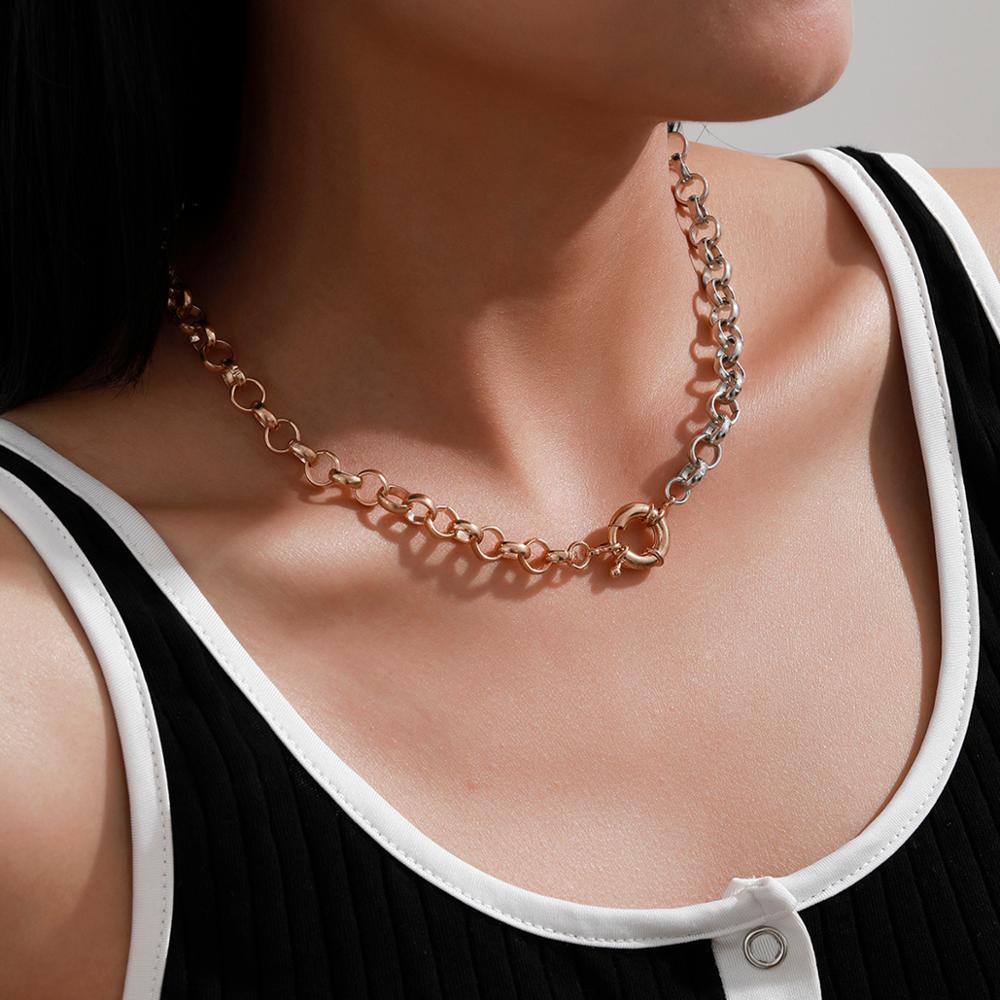 Lacteo Steampunk Golden Color Mixed Metal Chain Choker Necklace Statement Daily life Clavicle Chain Necklace Jewelry for Women