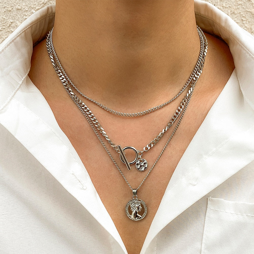 Lacteo Vintage Carved Coin Virgin Mary Statue Pendant Necklace Jewelry For Women and Men Multi Layered Metal Chain Necklace