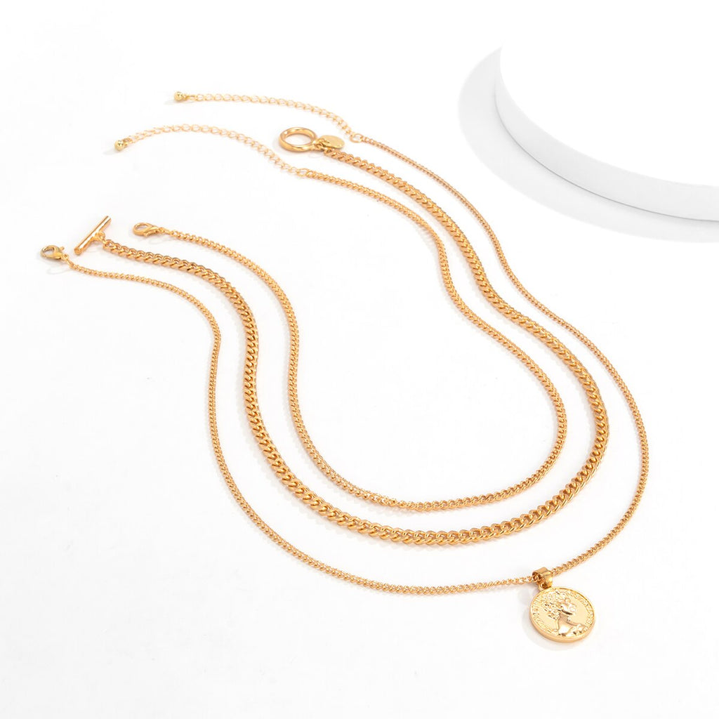 Lacteo Vintage Carved Coin Virgin Mary Statue Pendant Necklace Jewelry For Women and Men Multi Layered Metal Chain Necklace