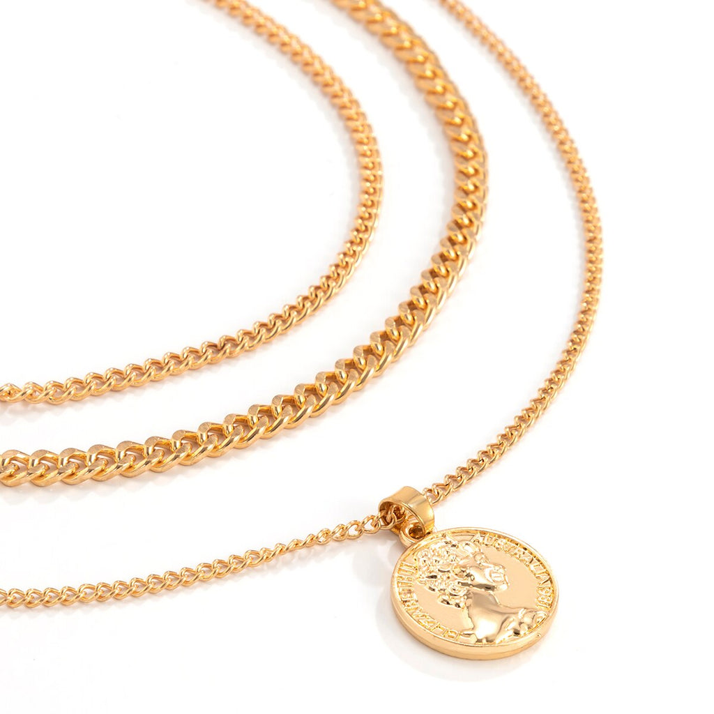 Lacteo Vintage Carved Coin Virgin Mary Statue Pendant Necklace Jewelry For Women and Men Multi Layered Metal Chain Necklace