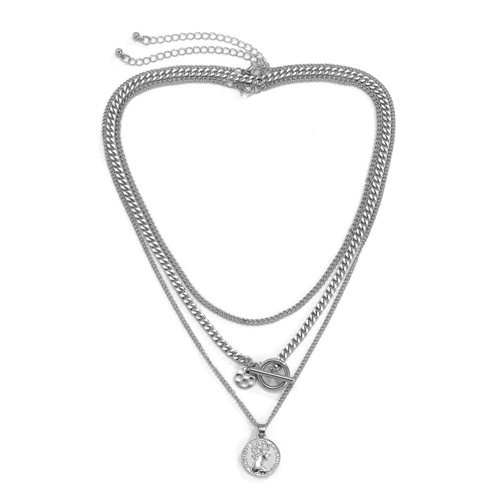 Lacteo Vintage Carved Coin Virgin Mary Statue Pendant Necklace Jewelry For Women and Men Multi Layered Metal Chain Necklace