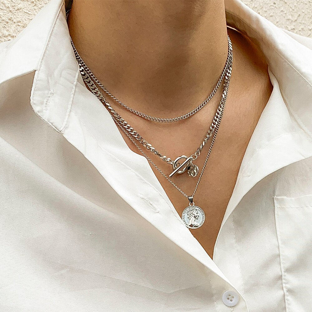 Lacteo Vintage Carved Coin Virgin Mary Statue Pendant Necklace Jewelry For Women and Men Multi Layered Metal Chain Necklace