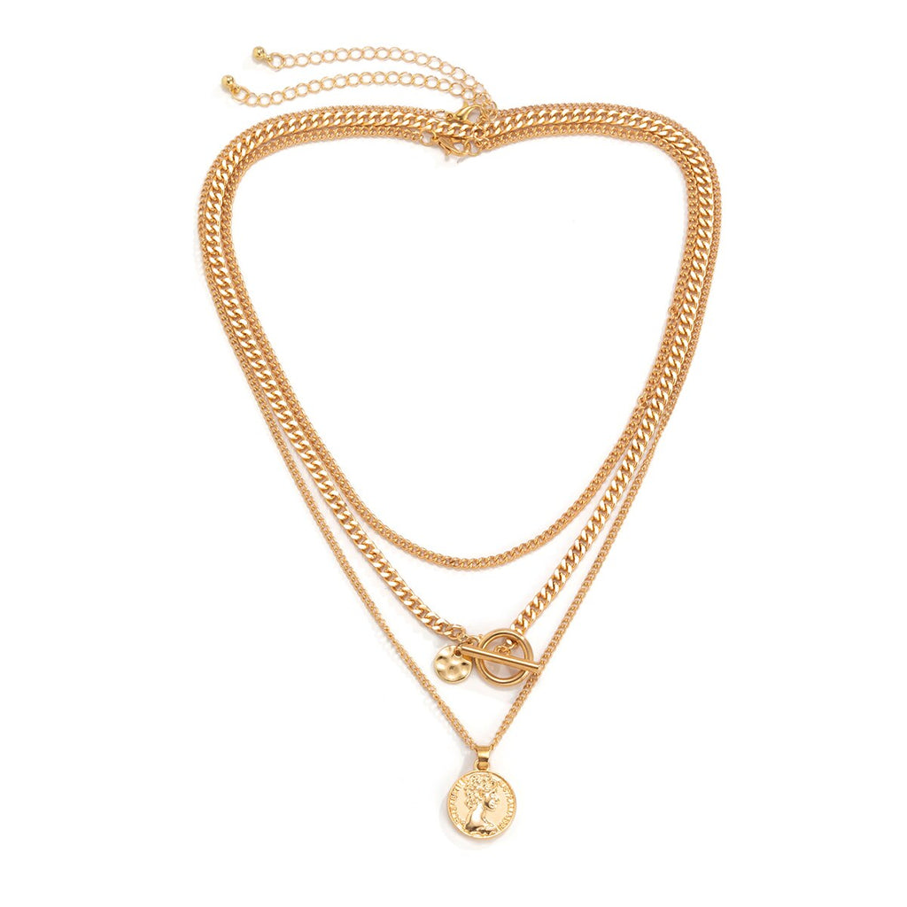 Lacteo Vintage Carved Coin Virgin Mary Statue Pendant Necklace Jewelry For Women and Men Multi Layered Metal Chain Necklace