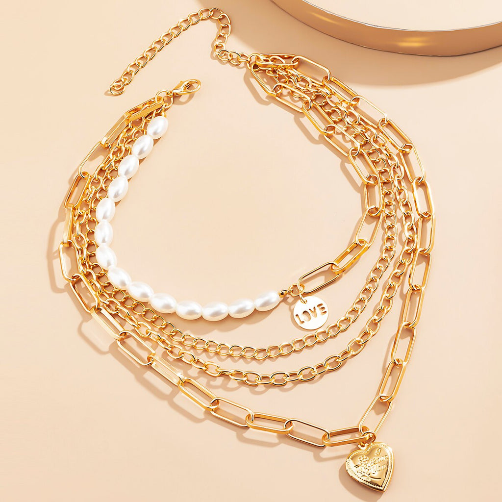 Lacteo Vintage Heart Love Sign Pendant Necklace For Women 2021 Trendy Imitation Pearls Asymmetry Chain Choker Necklace