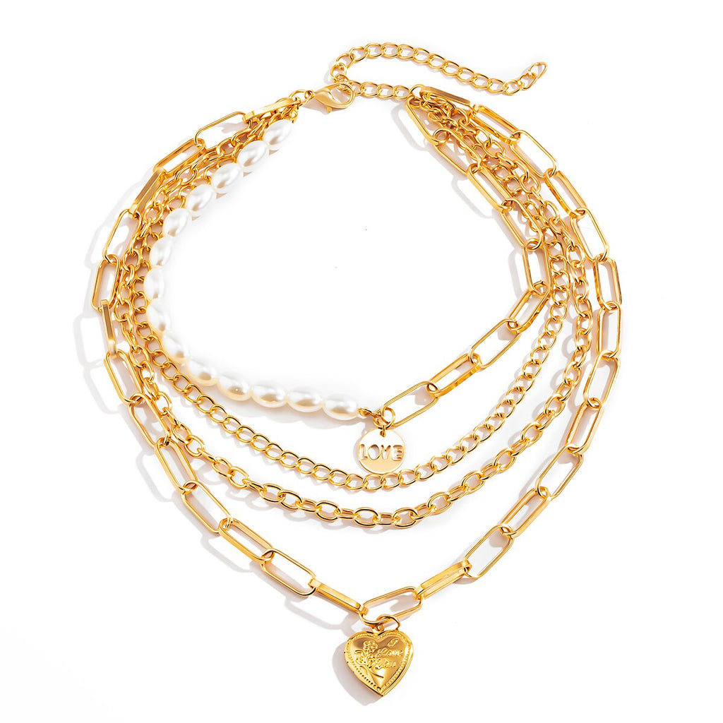 Lacteo Vintage Heart Love Sign Pendant Necklace For Women 2021 Trendy Imitation Pearls Asymmetry Chain Choker Necklace