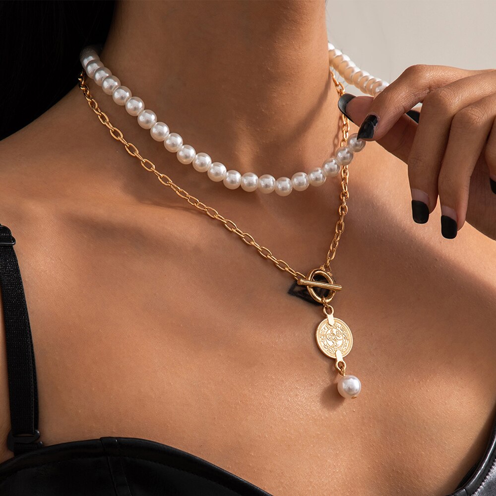 Lacteo Vintage Imitation Pearls Clavicle Chain Choker Necklace For Women 2021 Unusual Trendy Carved Coin Pendant Necklace