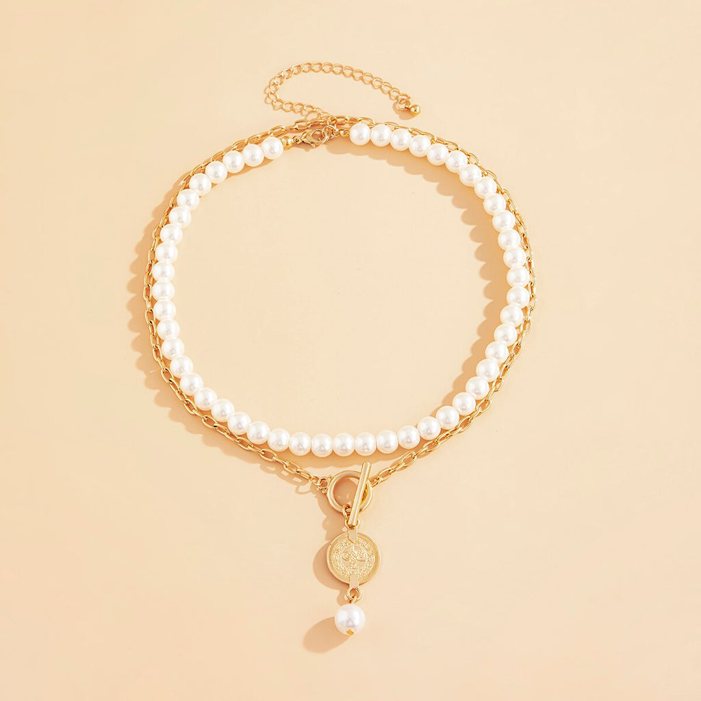 Lacteo Vintage Imitation Pearls Clavicle Chain Choker Necklace For Women 2021 Unusual Trendy Carved Coin Pendant Necklace