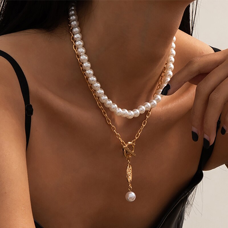 Lacteo Vintage Imitation Pearls Clavicle Chain Choker Necklace For Women 2021 Unusual Trendy Carved Coin Pendant Necklace
