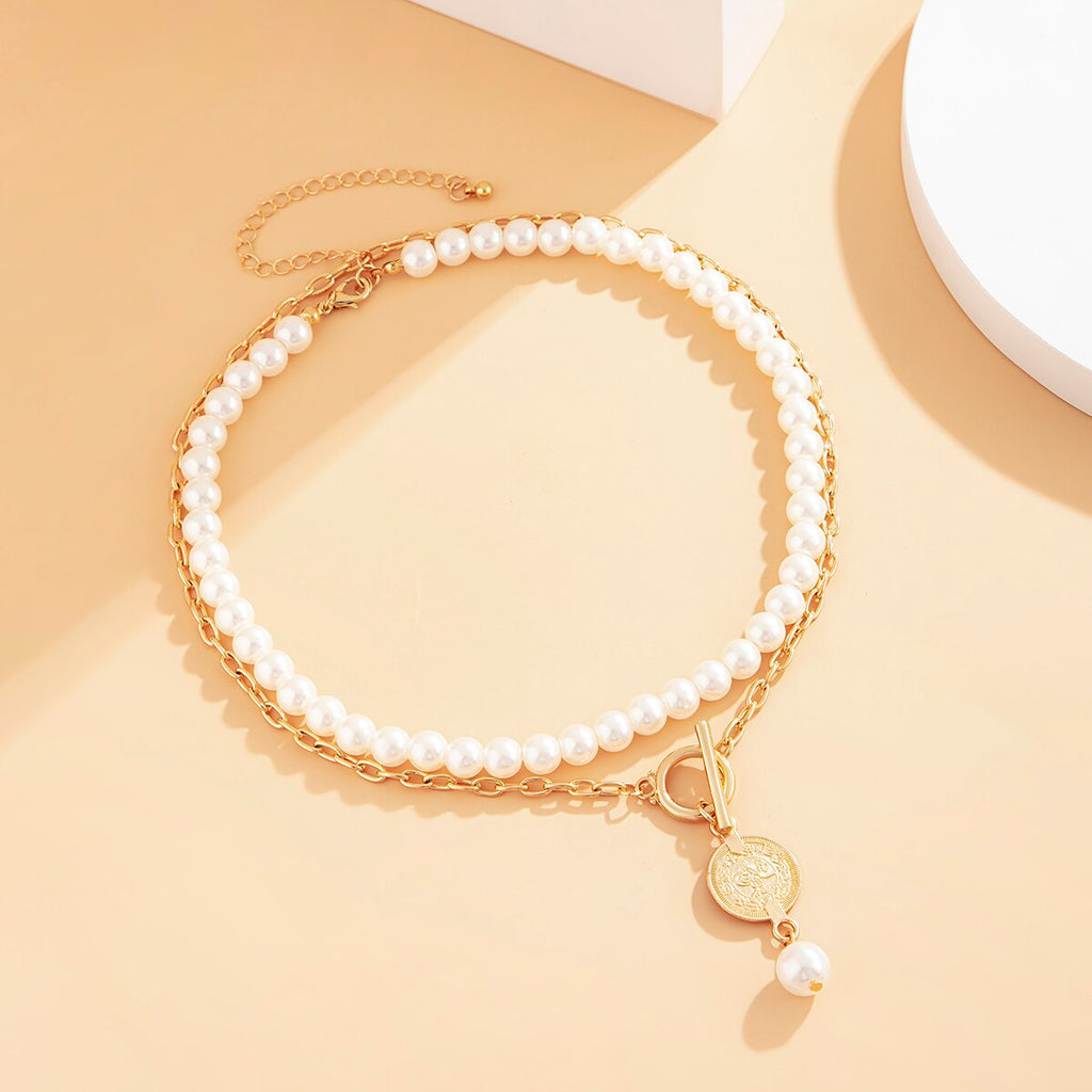 Lacteo Vintage Imitation Pearls Clavicle Chain Choker Necklace For Women 2021 Unusual Trendy Carved Coin Pendant Necklace