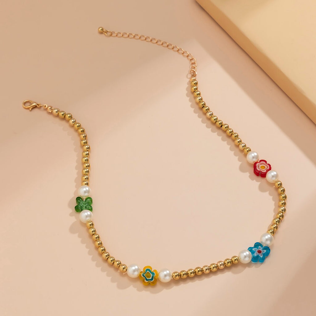 Lacteo Y2K Candy Rainbow Color Resin Flower Choker Necklace 2021 Kpop CCB Chain Imitation Pearls Asymmetric Charm Necklace