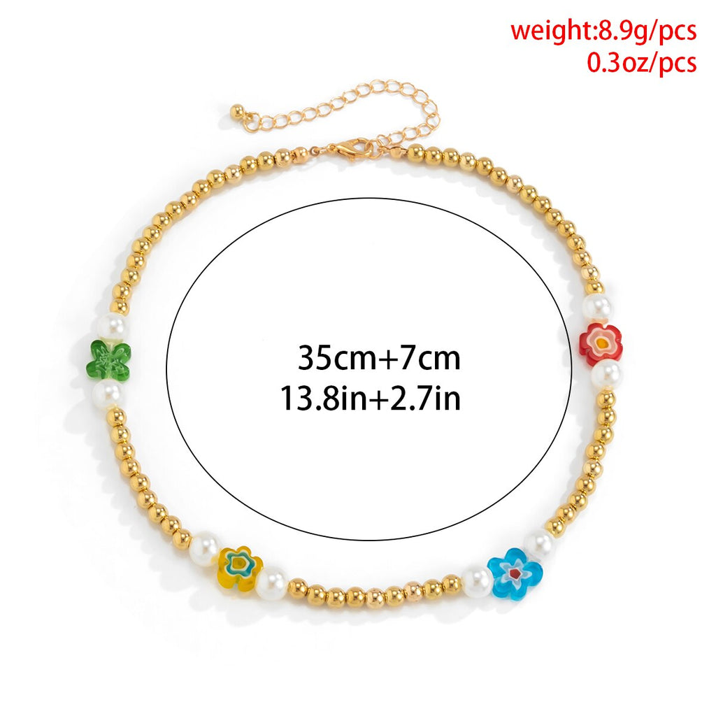 Lacteo Y2K Candy Rainbow Color Resin Flower Choker Necklace 2021 Kpop CCB Chain Imitation Pearls Asymmetric Charm Necklace