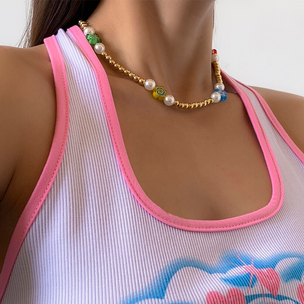 Lacteo Y2K Candy Rainbow Color Resin Flower Choker Necklace 2021 Kpop CCB Chain Imitation Pearls Asymmetric Charm Necklace