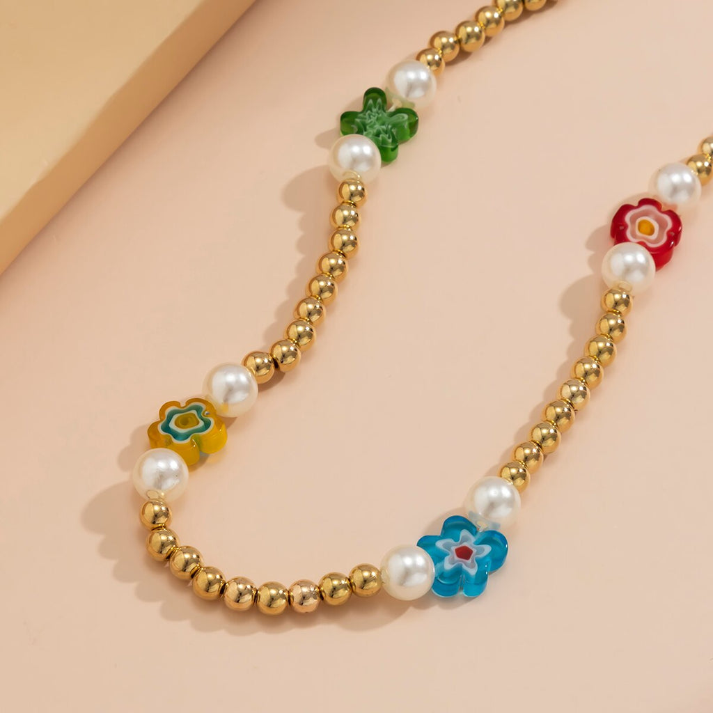 Lacteo Y2K Candy Rainbow Color Resin Flower Choker Necklace 2021 Kpop CCB Chain Imitation Pearls Asymmetric Charm Necklace