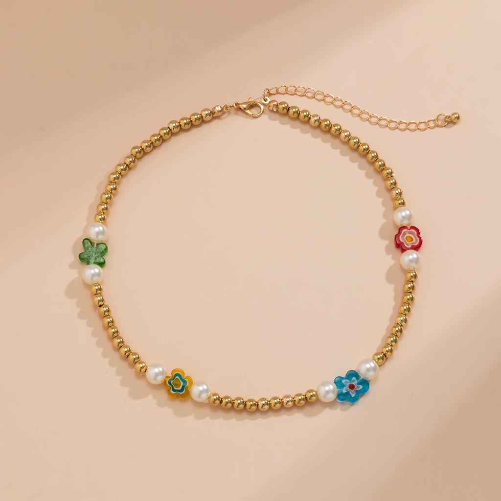 Lacteo Y2K Candy Rainbow Color Resin Flower Choker Necklace 2021 Kpop CCB Chain Imitation Pearls Asymmetric Charm Necklace