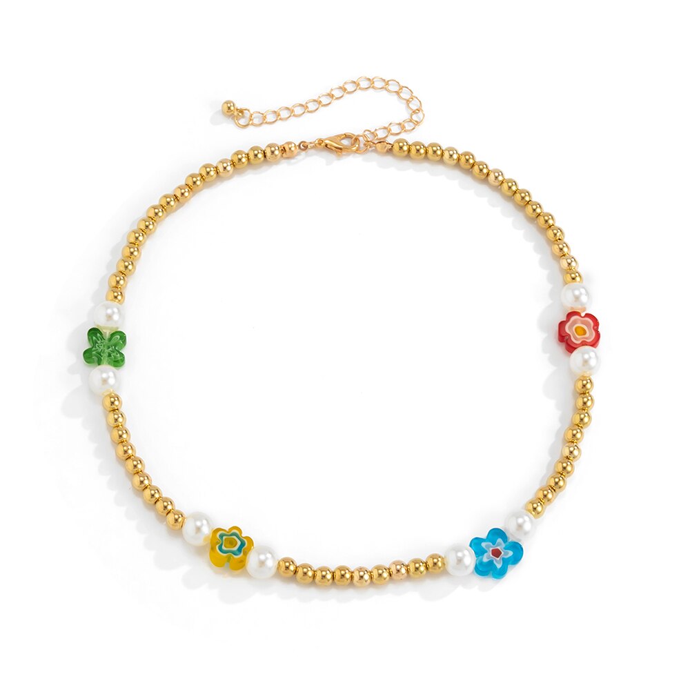 Lacteo Y2K Candy Rainbow Color Resin Flower Choker Necklace 2021 Kpop CCB Chain Imitation Pearls Asymmetric Charm Necklace