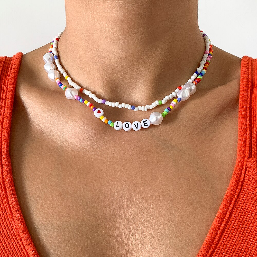 Lacteo Y2K Heishi Clay Beads Acrylic Colorful Choker Necklace Jewelry For Women 2021 Trendy Double Layered Necklace