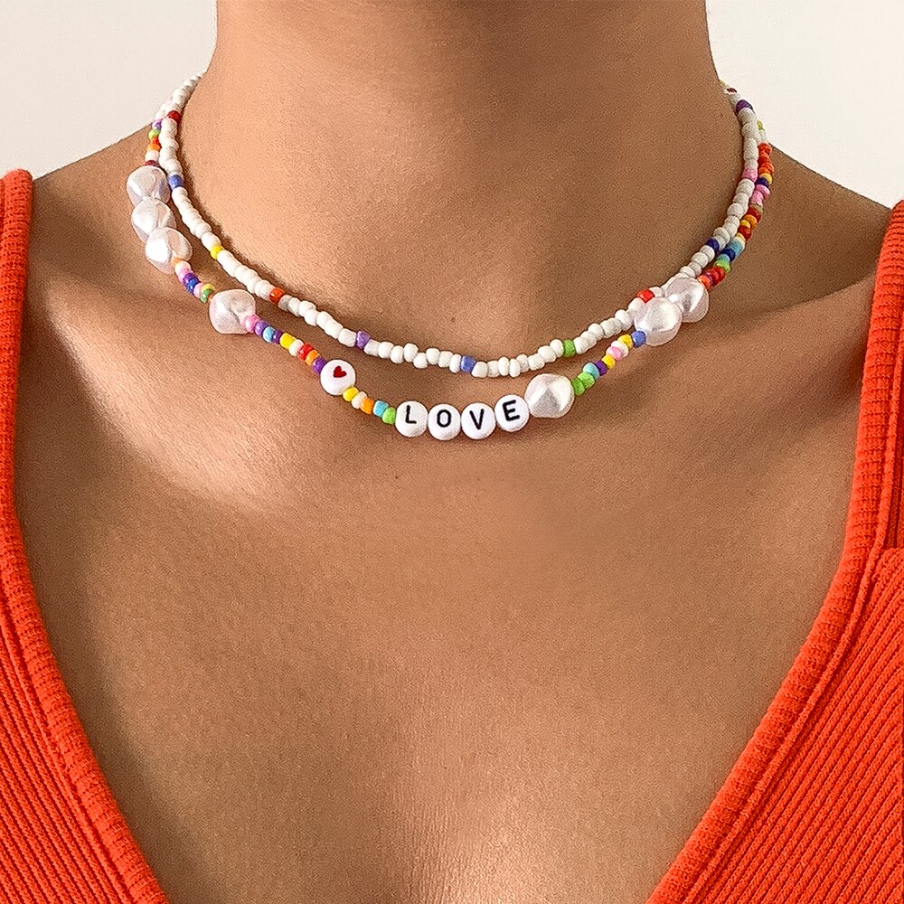 Lacteo Y2K Heishi Clay Beads Acrylic Colorful Choker Necklace Jewelry For Women 2021 Trendy Double Layered Necklace