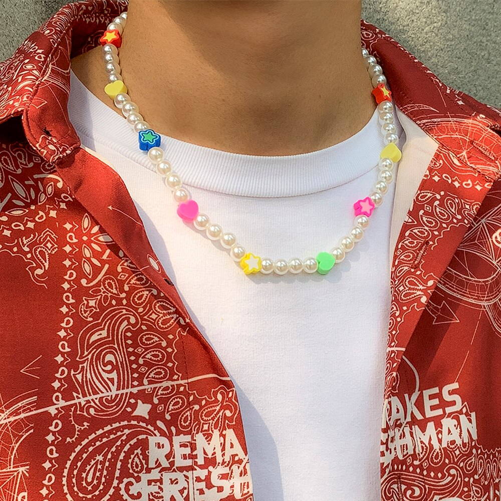 Lacteo Y2K Imitation Pearls Beads Chain Choker Necklace Jewelry for Lover Bohemian Flower Star Resin Charm Necklace Gifts