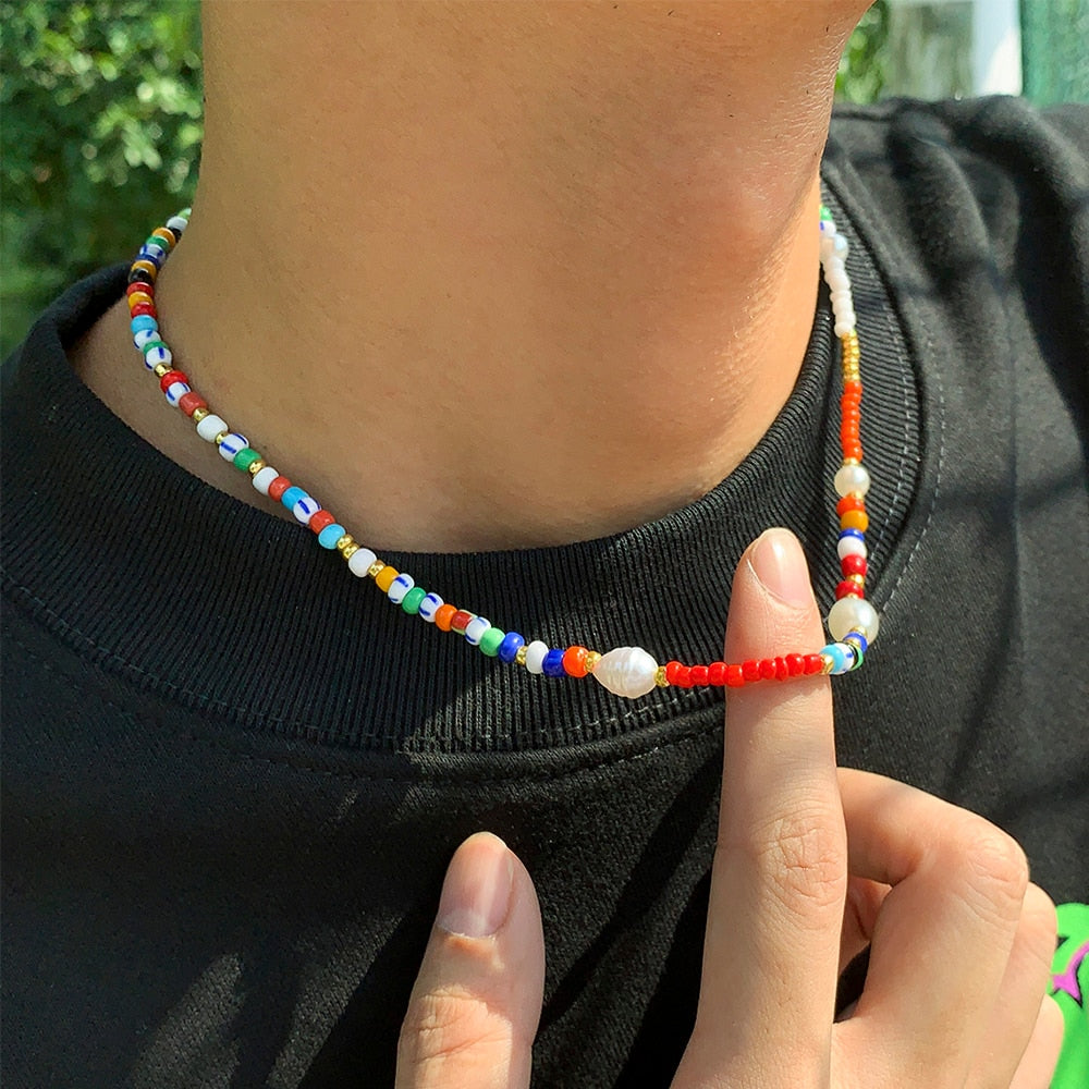 Lacteo Y2K Lovers Rainbow Colorful Beeds Choker Necklace 2021 Trendy Imitation Pearls Chain Jewelry Charm Necklace