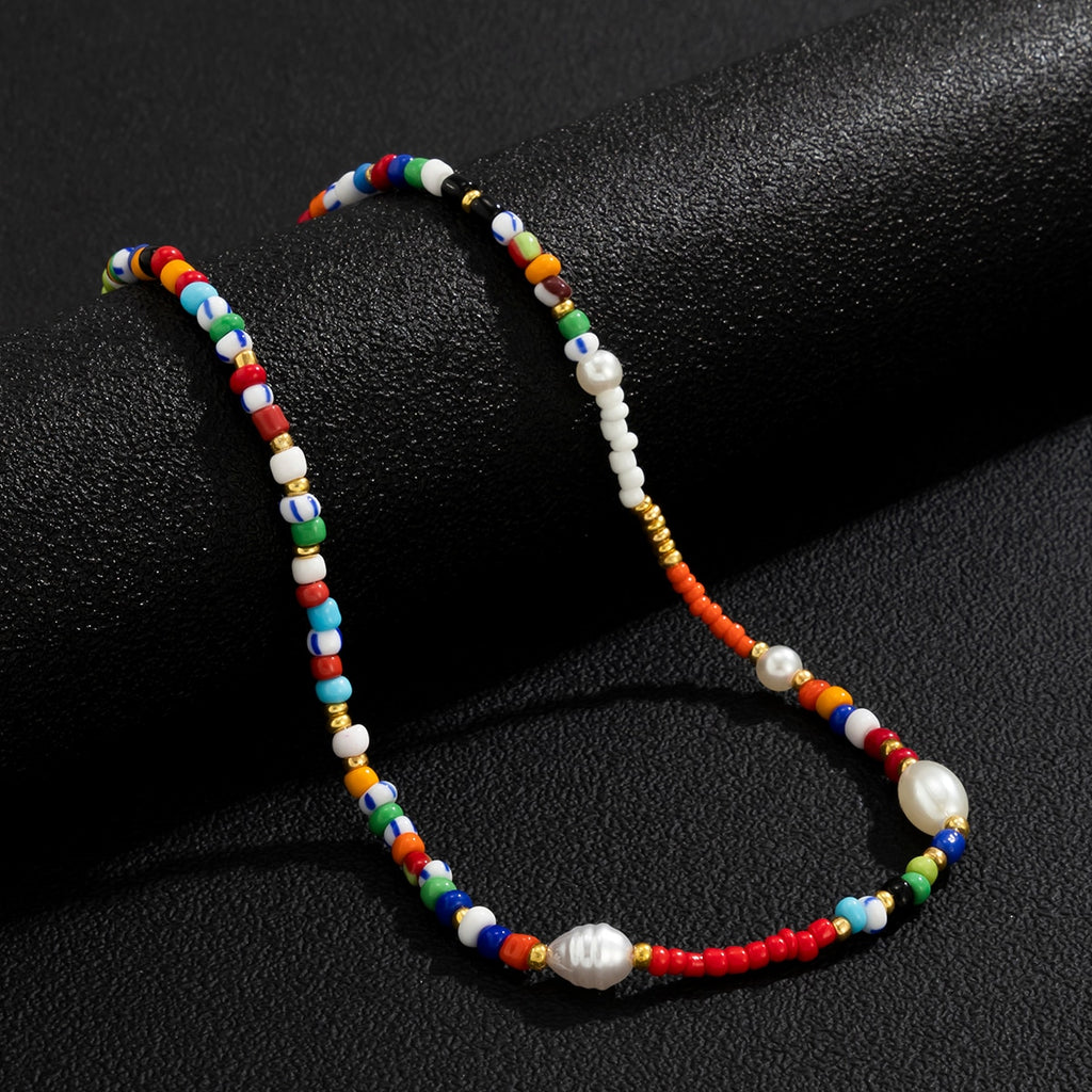 Lacteo Y2K Lovers Rainbow Colorful Beeds Choker Necklace 2021 Trendy Imitation Pearls Chain Jewelry Charm Necklace