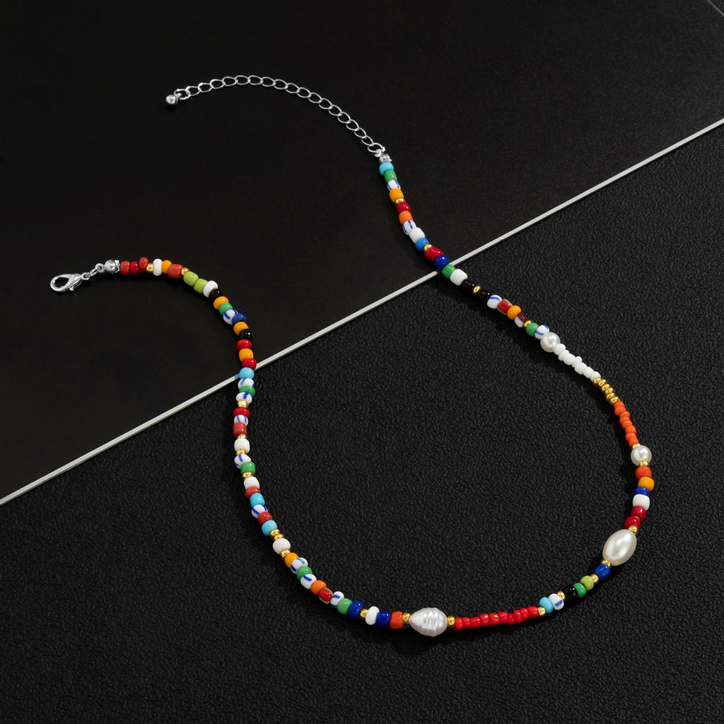 Lacteo Y2K Lovers Rainbow Colorful Beeds Choker Necklace 2021 Trendy Imitation Pearls Chain Jewelry Charm Necklace
