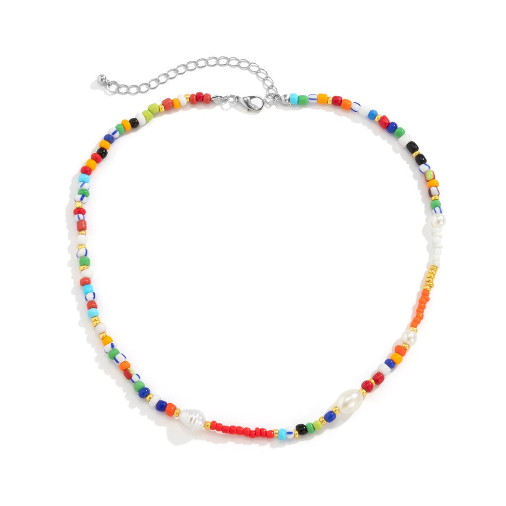 Lacteo Y2K Lovers Rainbow Colorful Beeds Choker Necklace 2021 Trendy Imitation Pearls Chain Jewelry Charm Necklace
