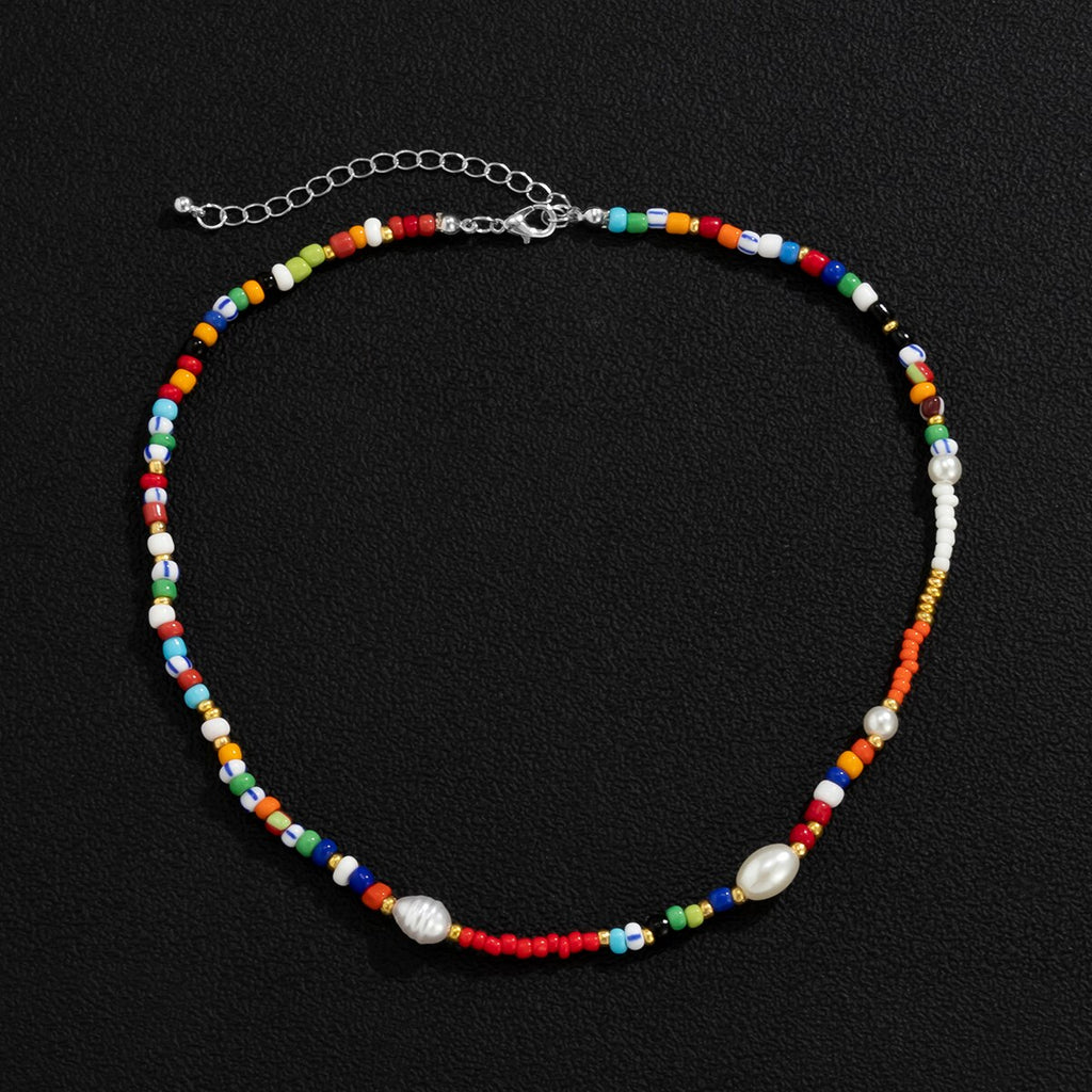 Lacteo Y2K Lovers Rainbow Colorful Beeds Choker Necklace 2021 Trendy Imitation Pearls Chain Jewelry Charm Necklace