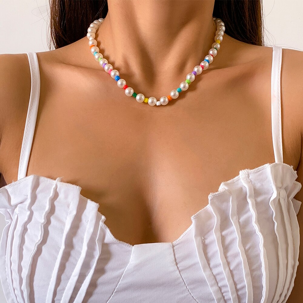 Lacteo Y2K Rainbow Color Acrylic Imitation Pearls Asymmetric Choker Necklace 2022 Trendy Clavicle Chain Necklace