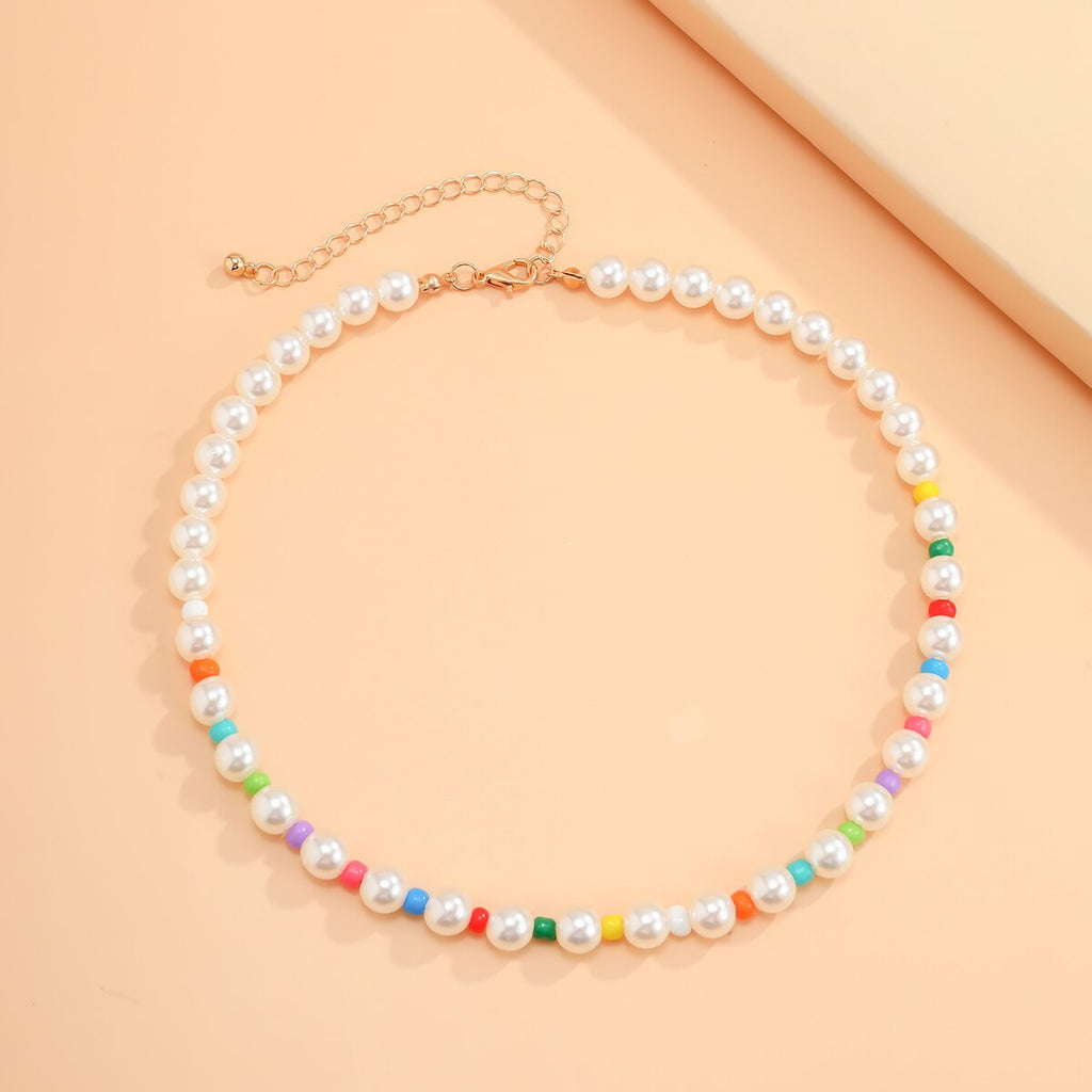 Lacteo Y2K Rainbow Color Acrylic Imitation Pearls Asymmetric Choker Necklace 2022 Trendy Clavicle Chain Necklace