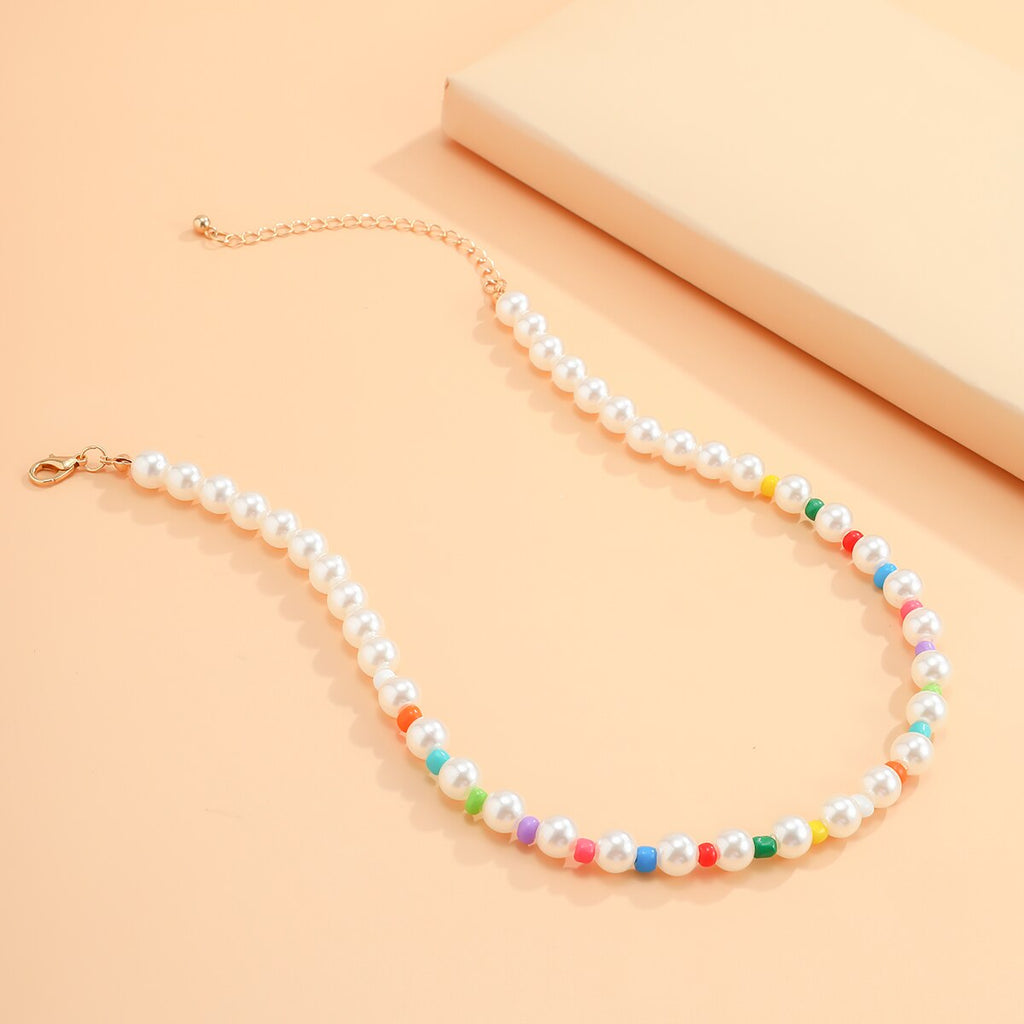 Lacteo Y2K Rainbow Color Acrylic Imitation Pearls Asymmetric Choker Necklace 2022 Trendy Clavicle Chain Necklace