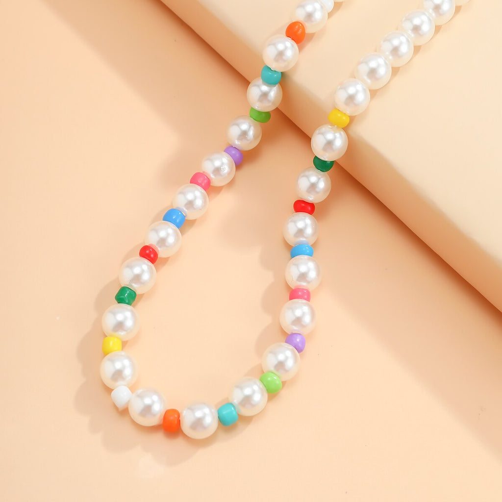 Lacteo Y2K Rainbow Color Acrylic Imitation Pearls Asymmetric Choker Necklace 2022 Trendy Clavicle Chain Necklace