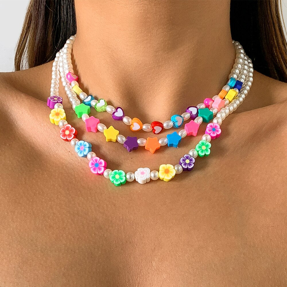 Lacteo Y2K Resin Flower Heart Star Shape Acrylic Choker Necklace Jewelry For Women Bohemian Imitation Pearls Bead Chain Necklace
