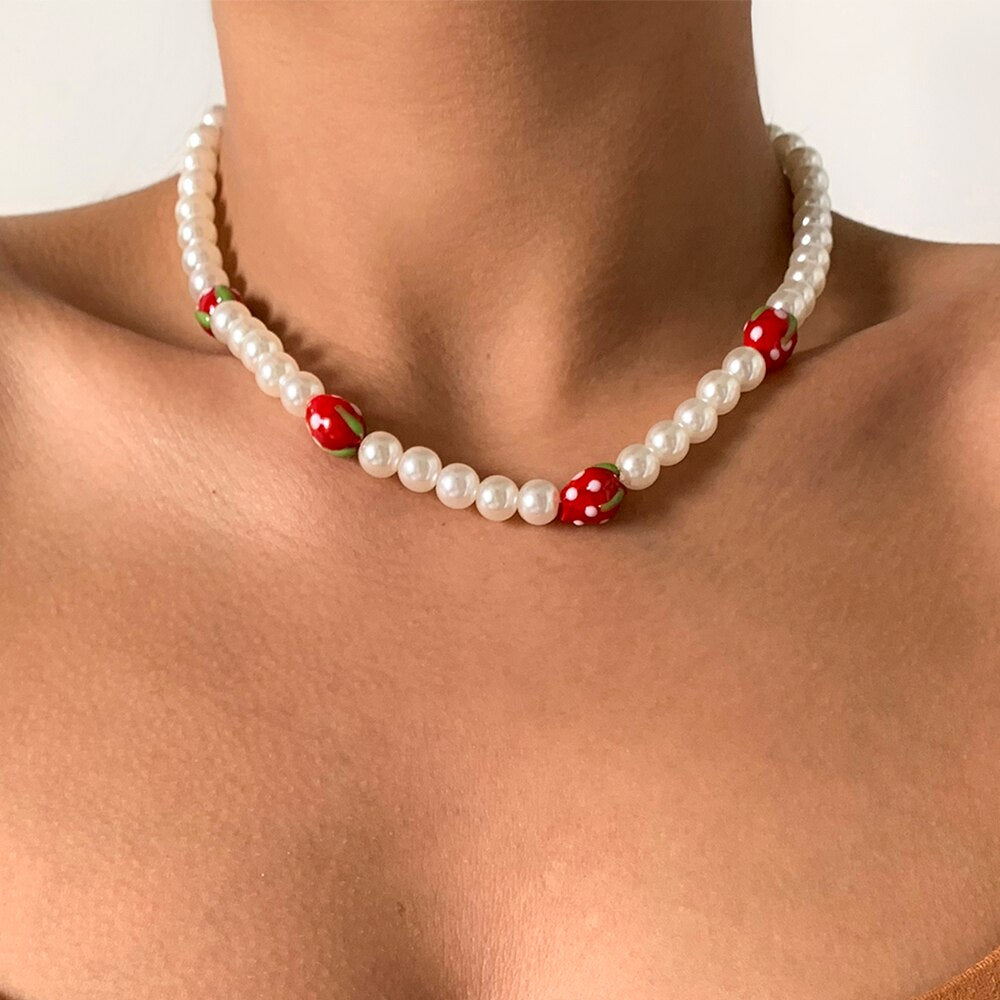 Lacteo Y2K Resin Fruit Asymmetric Imitation Pearls Choker Necklace 2021 Rainbow Colorful Chain Jewelry Charm Necklace