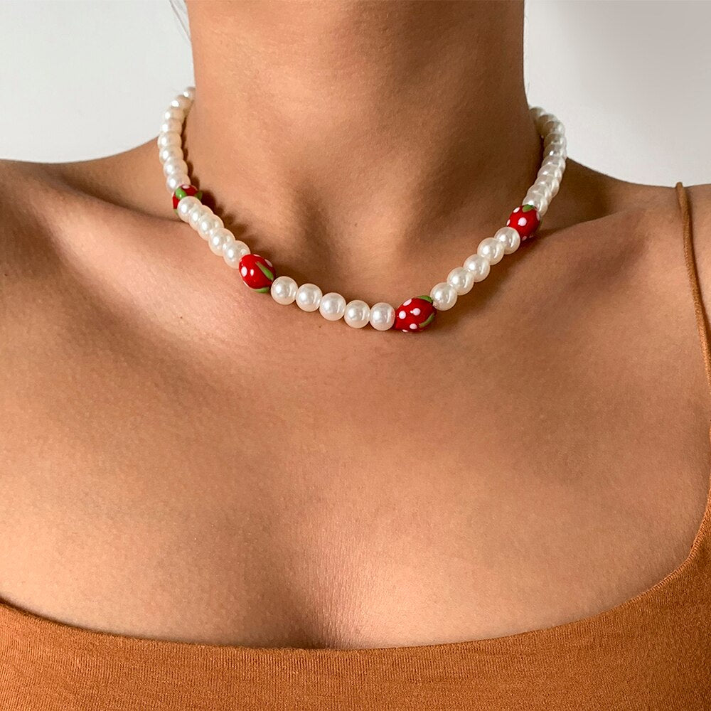 Lacteo Y2K Resin Fruit Asymmetric Imitation Pearls Choker Necklace 2021 Rainbow Colorful Chain Jewelry Charm Necklace