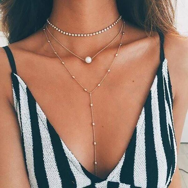 Ladies Neck Chain Punk Necklace Simp Three Layers Pearl Clavicle Chain Jewelry Accessories