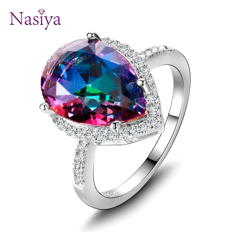 Ladies Jewelry S925 Silver Ring Mystical Rainbow Topaz Dripping Ring Wedding Jewelry Party Valentine's D Gift