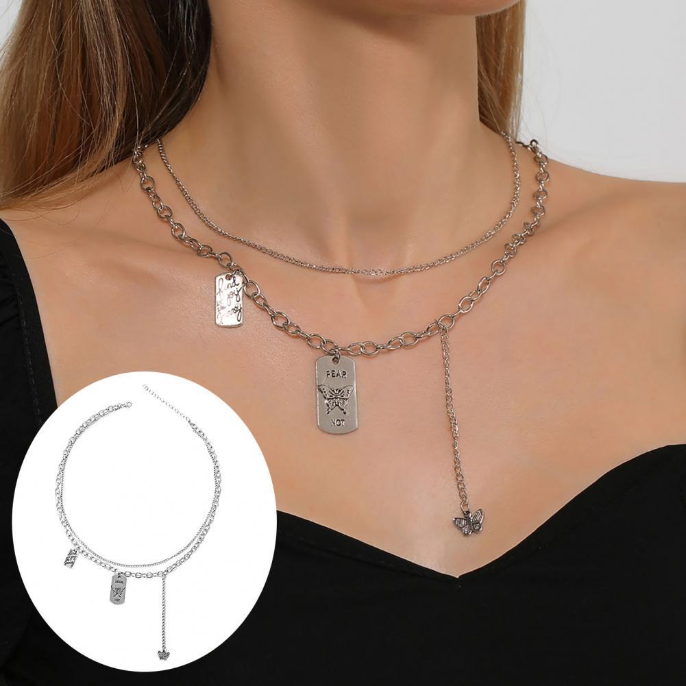 Ladies Necklace Letter Square Butterflies Pendant Alloy Double Layer Punk Choker Necklace Women Jewelry Accessories Supplies
