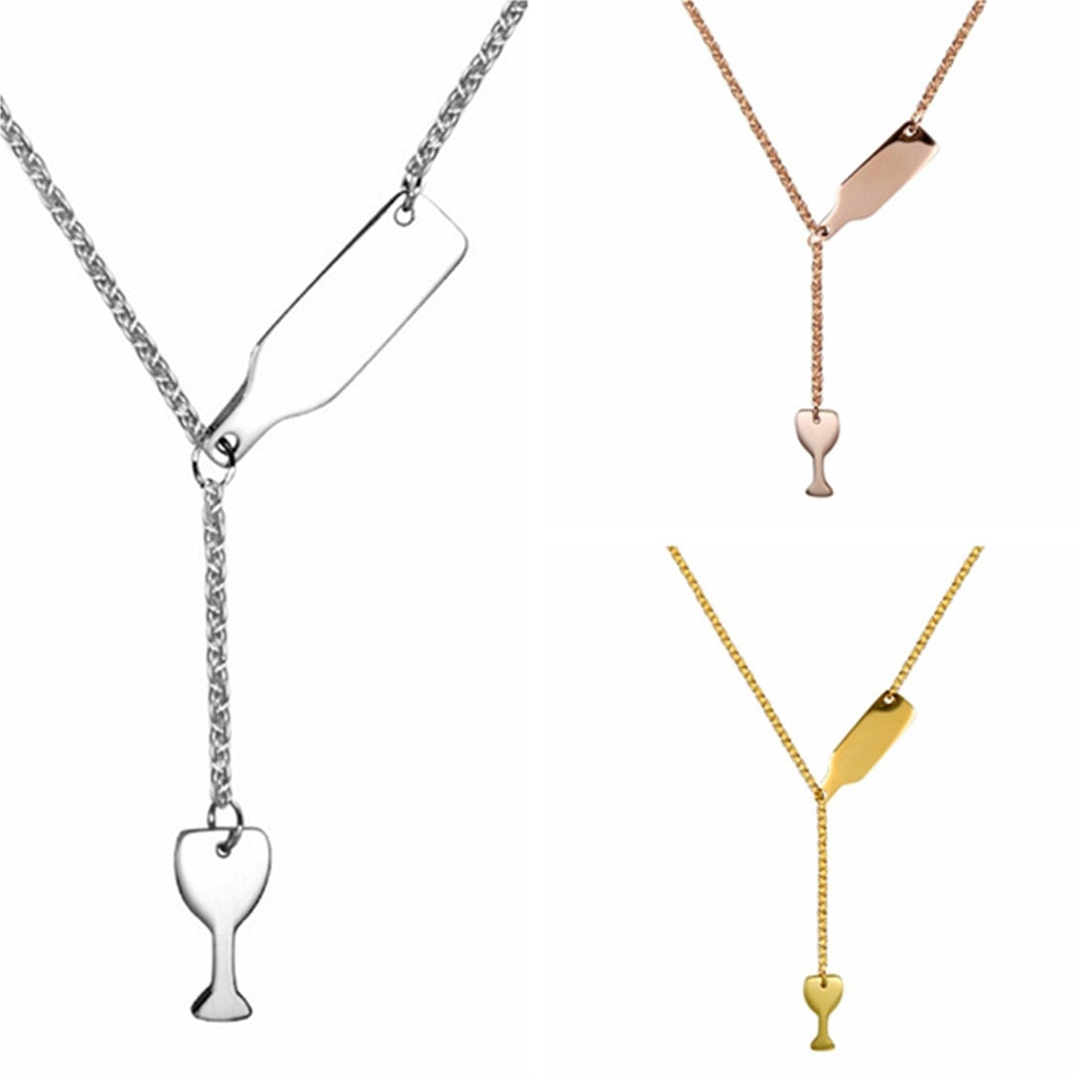 Ladies Pendant Chain Necklace Gold Silver Stainless Steel Clavicle Chain All-Match Love Wine Cup Heart-Shaped Enamel
