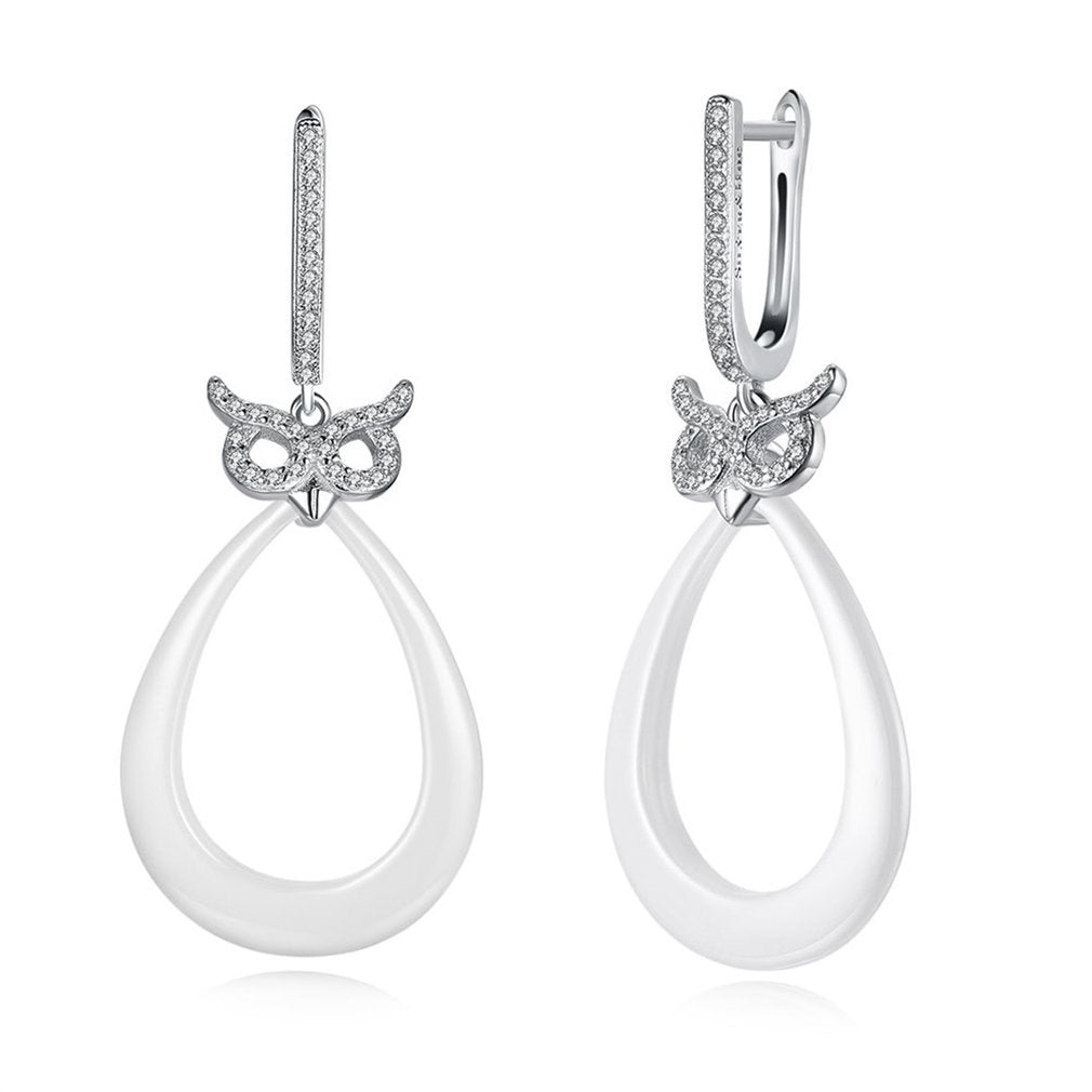 Lady 925 Sterling Silver Owl Water Drops Shape Earrings Zircon Ceramic Dangle Drop Earring Fashion Fine Jewelry for Woman Gift