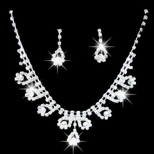 Lady Bridal Wedding Engagement Rhinestone Teardrop Necklace Earrings Jewelry Set