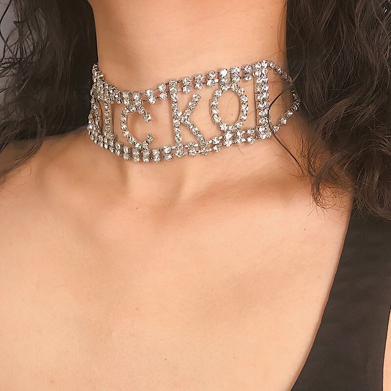Rhinestone Shiny Chokers for Girls Sexy Punk Letter Night Entertainment  Venue Statement Party Necklace