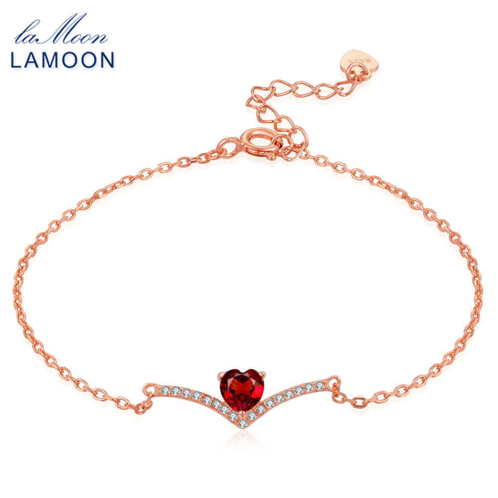 Love Heart Charm Bracelet For Women 100% Natural Red Gemstone 0.3ct Garnet 925 Sterling Silver Fine Jewelry 18KGP LMHI011