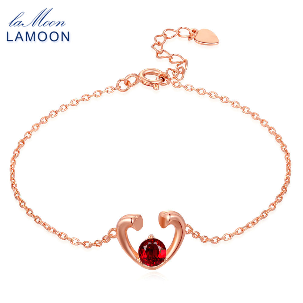 Love Heart Natural Gemstone Red 0.6ct Garnet 925 Sterling Silver Jewelry 18KGP Charm Bracelet Bangels for Women LMHI012
