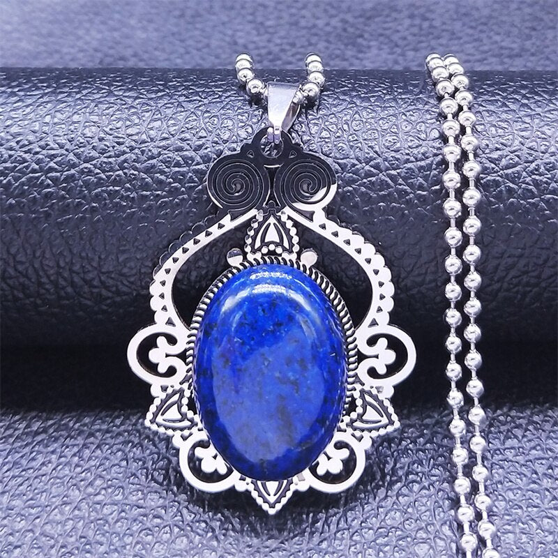 Lapis Lazuli Stainless Steel Natural Stone Bohemia Necklace Silver Color Charm Necklace Jewelry collar acero inoxidable N3695S02