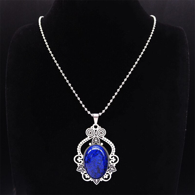Lapis Lazuli Stainless Steel Natural Stone Bohemia Necklace Silver Color Charm Necklace Jewelry collar acero inoxidable N3695S02