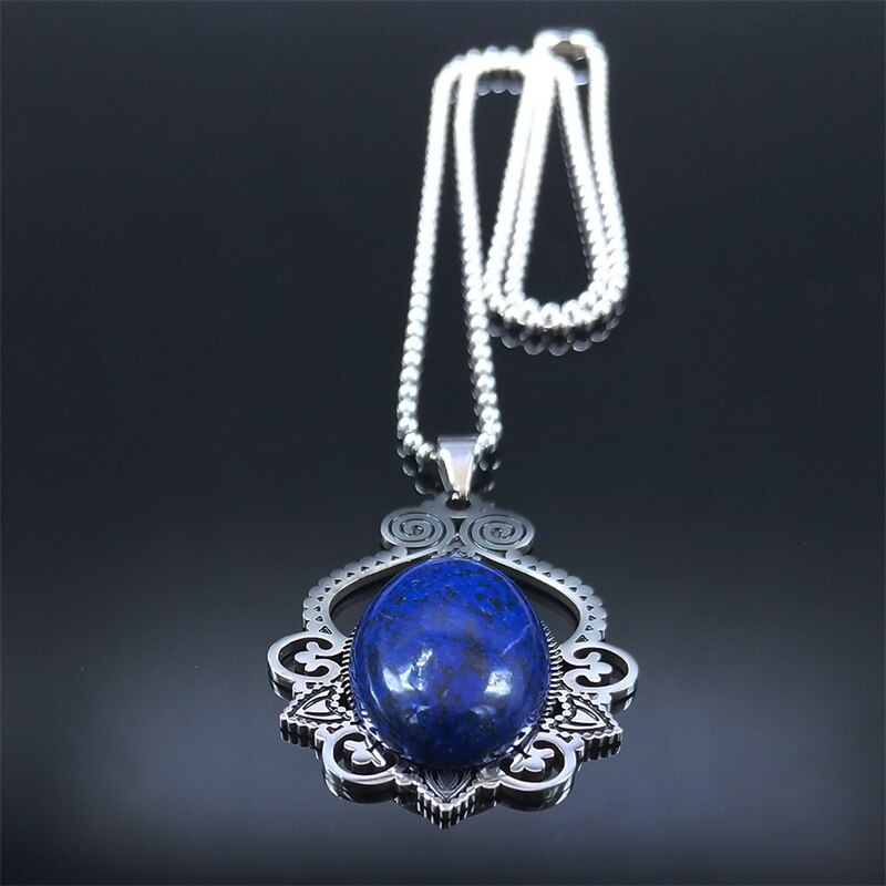 Lapis Lazuli Stainless Steel Natural Stone Bohemia Necklace Silver Color Charm Necklace Jewelry collar acero inoxidable N3695S02