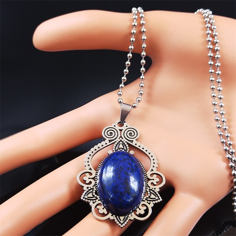 Lapis Lazuli Stainless Steel Natural Stone Bohemia Necklace Silver Color Charm Necklace Jewelry collar acero inoxidable N3695S02